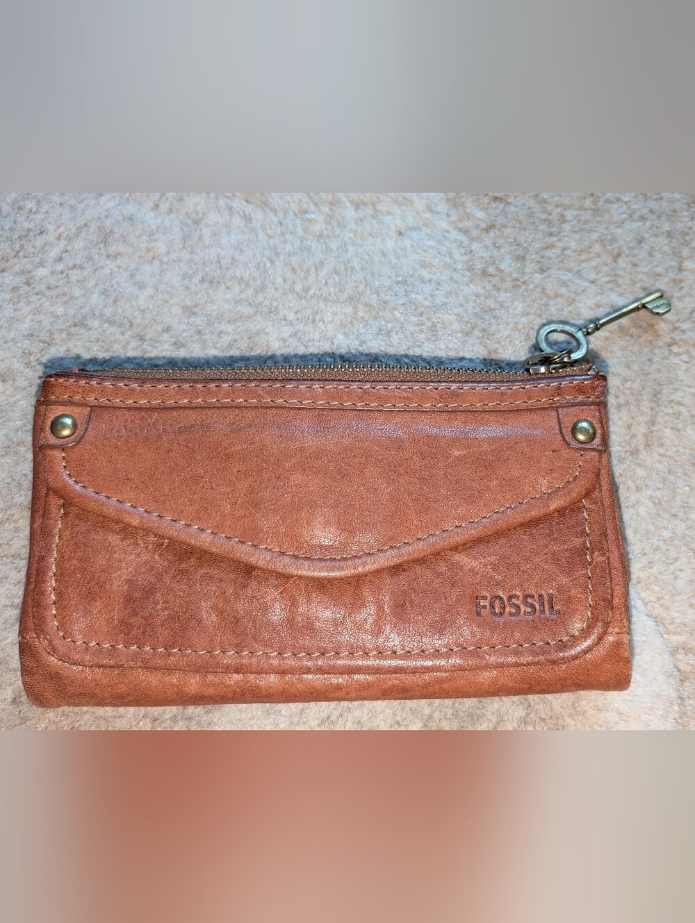 Fossil Tan Leather Zip Card Wallet with Front Pocket